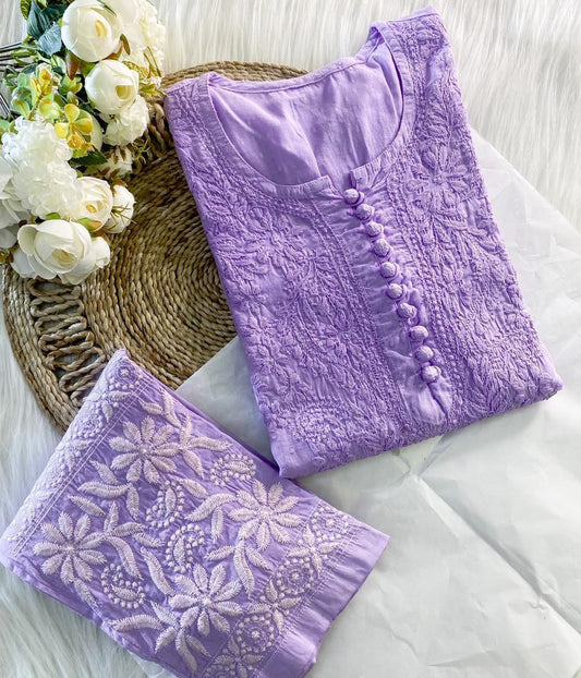 PARI Purple Cotton Dobby Chikankari Kurta Pant Set