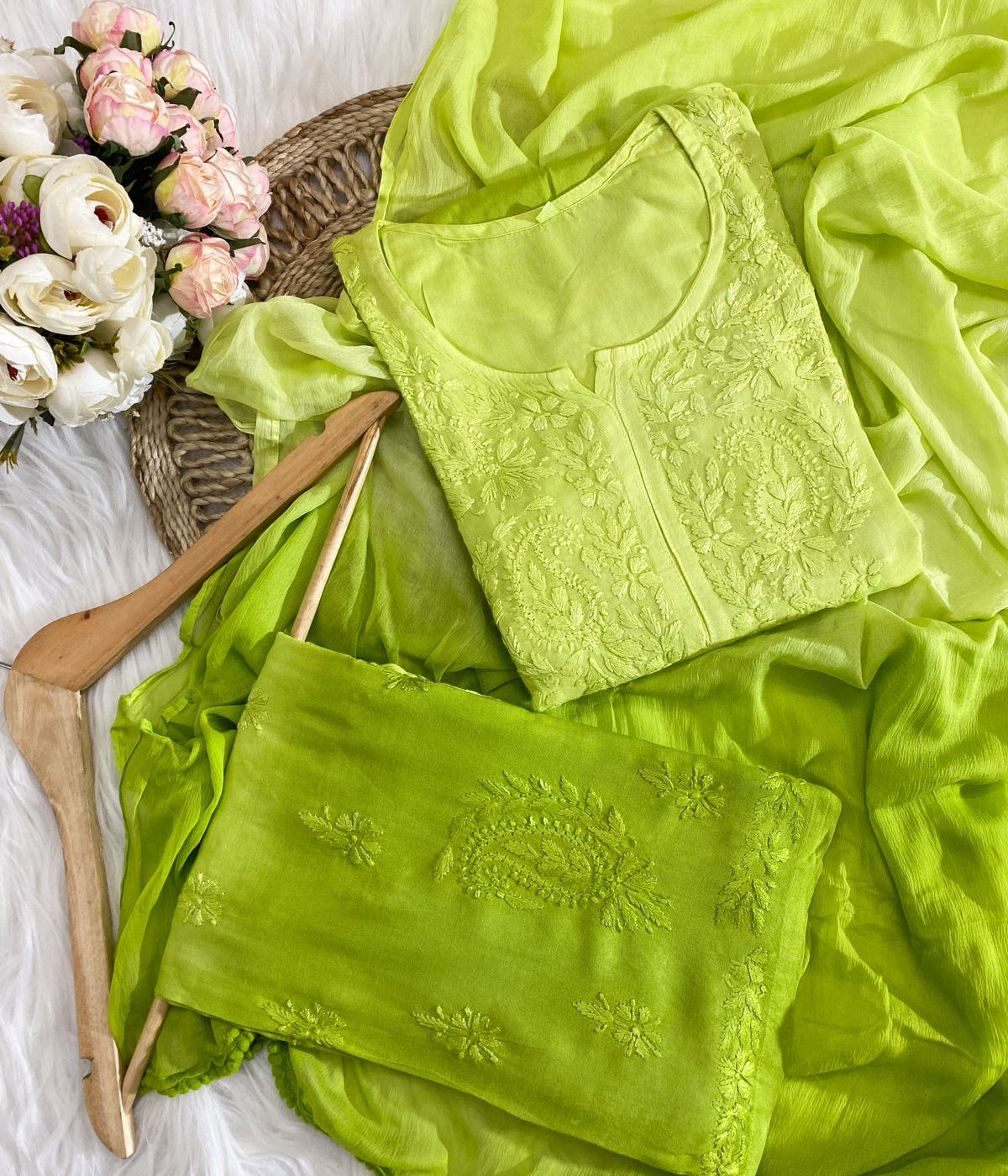 RADHIKA Lemon Green Modal Chikankari 3 Piece Set