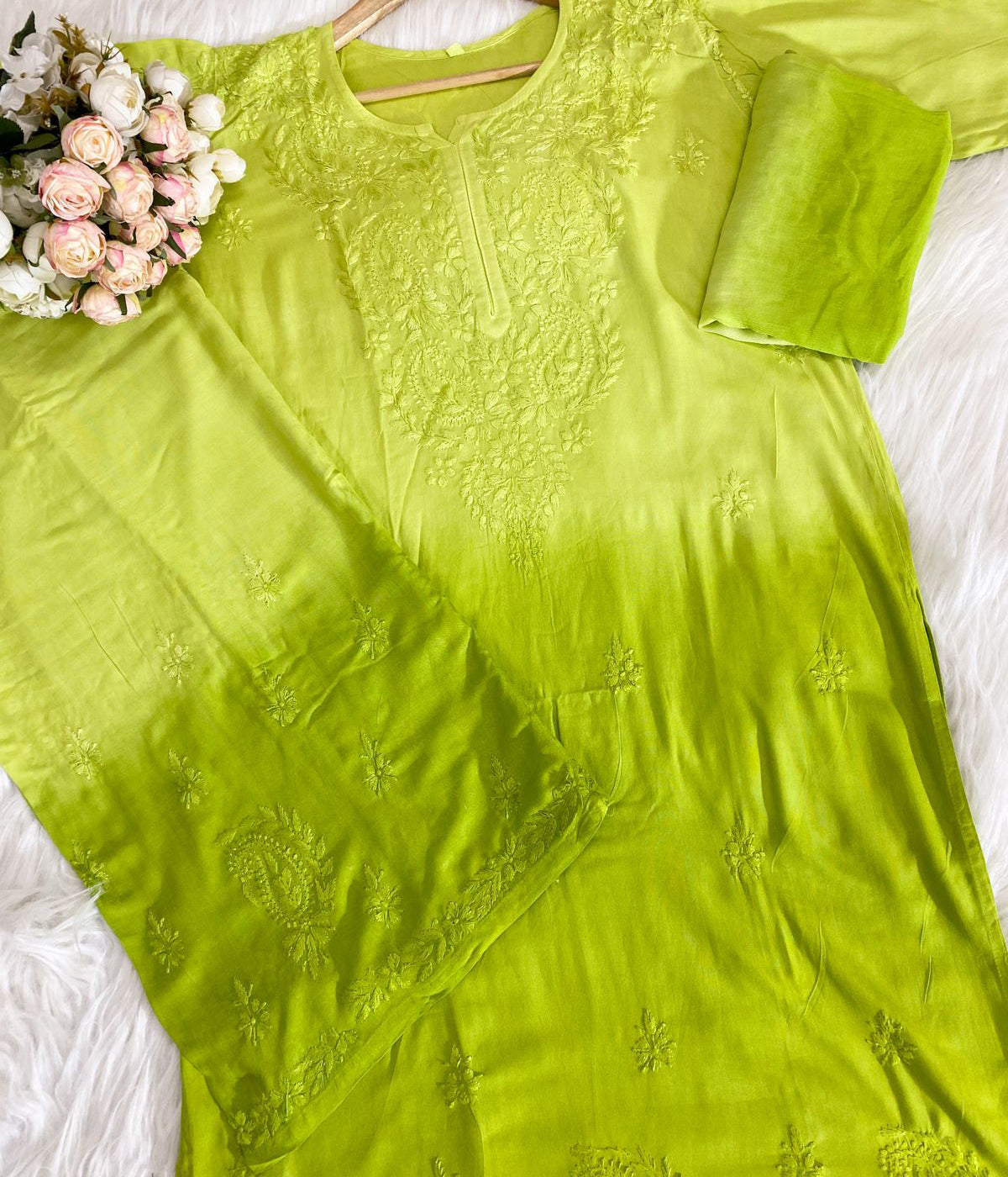 RADHIKA Lemon Green Modal Chikankari 3 Piece Set
