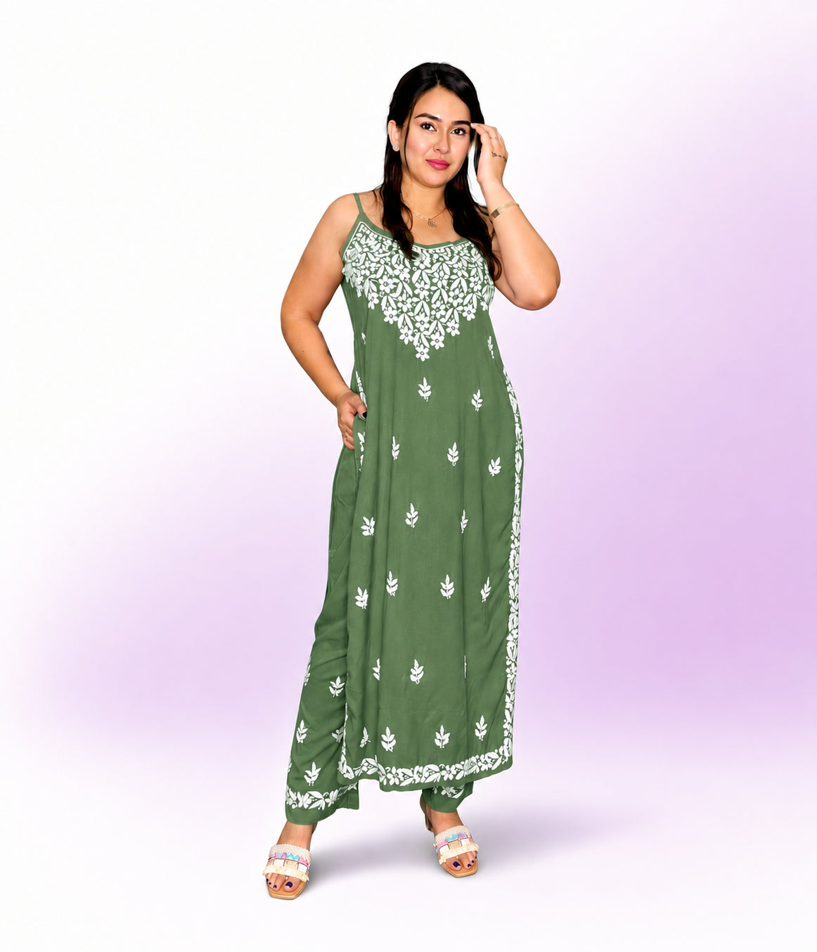 KIRAN Pure Modal Noodle Strap Chikankari kurti and Palzzo set