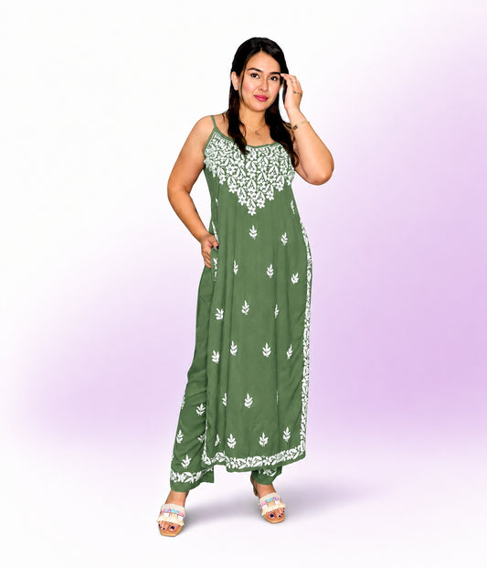 KIRAN Pure Modal Noodle Strap Chikankari kurti and Palzzo set