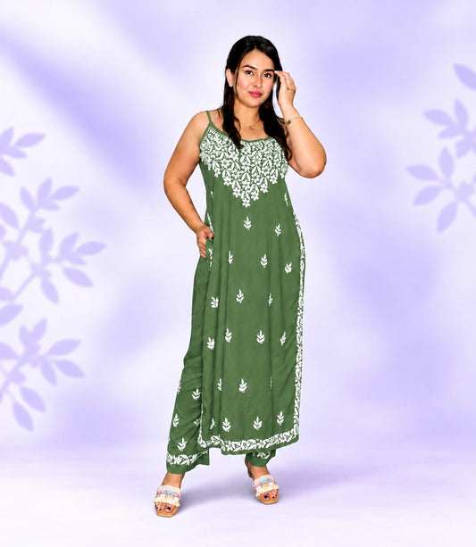 KIRAN Pure Modal Noodle Strap Chikankari kurti and Palzzo set