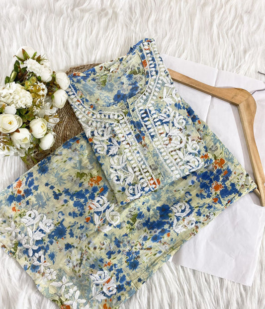 ISHANI Mulmul Cotton Printed Blue Chikankari Kurta Palazzo Set