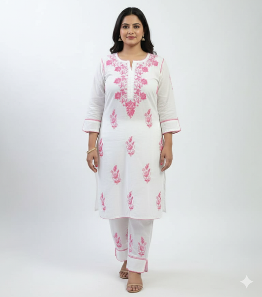 RUHANI Pink Pure Mul Cotton Chikankari Kurti and Pant Set
