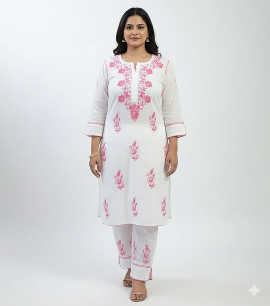 RUHANI Pink Pure Mul Cotton Chikankari Kurti and Pant Set