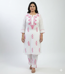 RUHANI Pink Pure Mul Cotton Chikankari Kurti and Pant Set