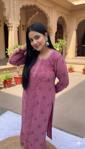 NITYA Mauve Pure Viscose Chikankari3D Emboss Omray Kurti