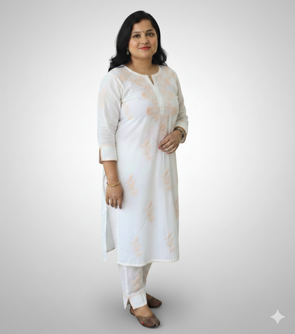 RUHANI Peach Pure Mul Cotton Chikankari Kurti and Pant Set