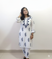 RUHANI Blue Pure Mul Cotton Chikankari Kurti and Pant Set