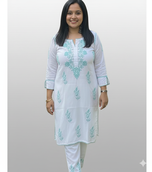 RUHANI Teal Pure Mul Cotton Chikankari Kurti and Pant Set