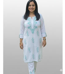 RUHANI Teal Pure Mul Cotton Chikankari Kurti and Pant Set