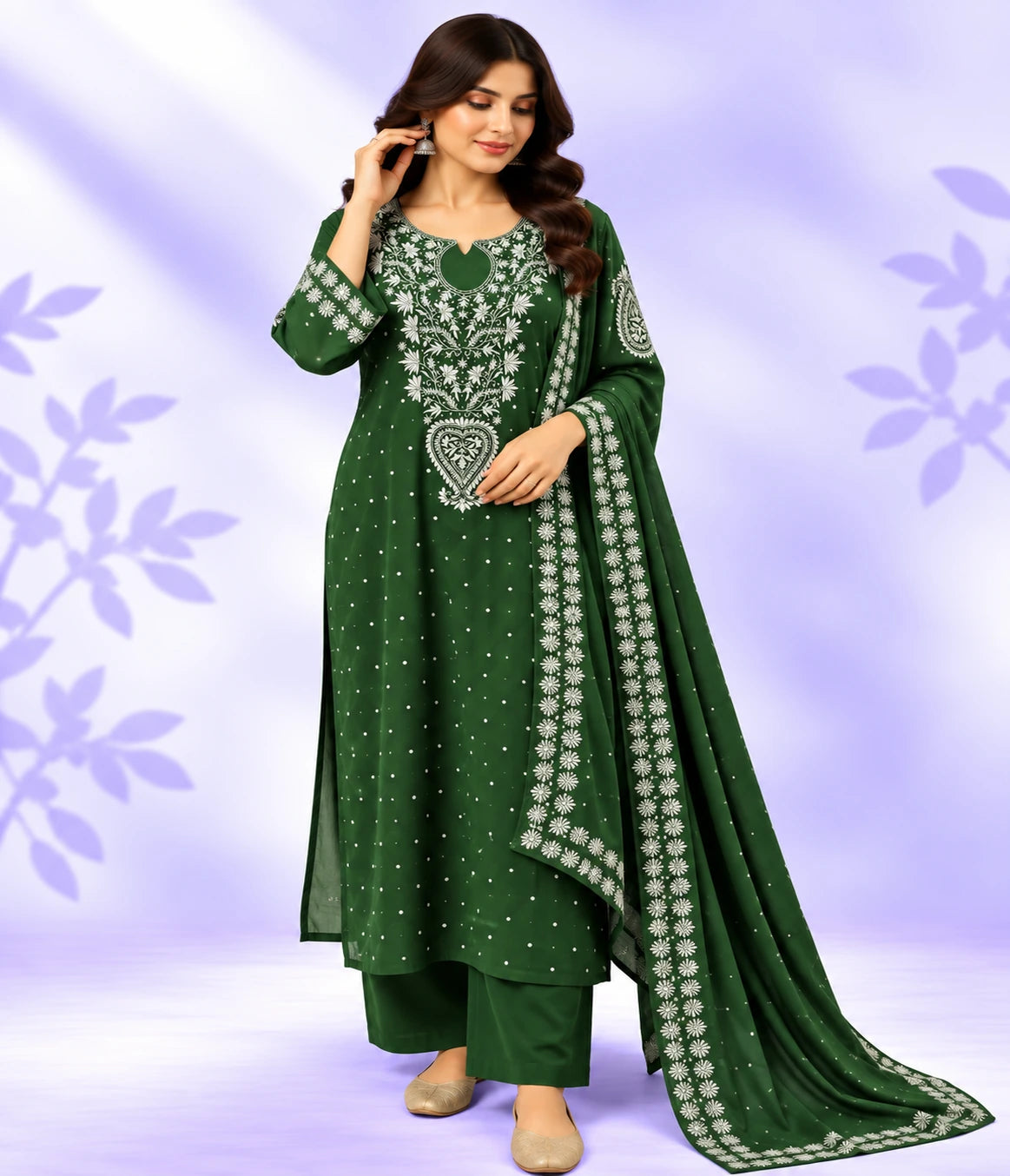 YASHI Luxury Mal Chanderi Handcrafted Chikankari Suit with Kasab, Pearl & Katdana Work