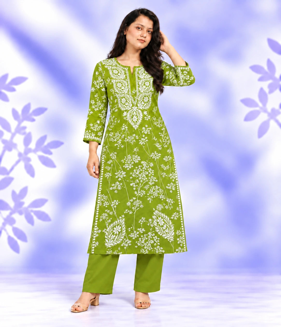NISHA Green Mulmul Printed Chikankari Long Kurta