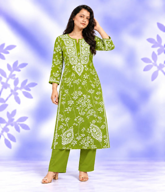 NISHA Green Mulmul Printed Chikankari Long Kurta