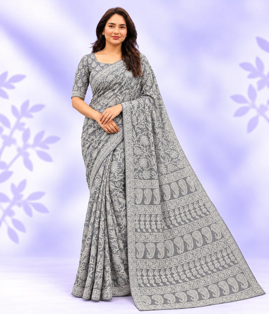 ZIA Grey Georgette Heavy Chikankari Saree With Blouse