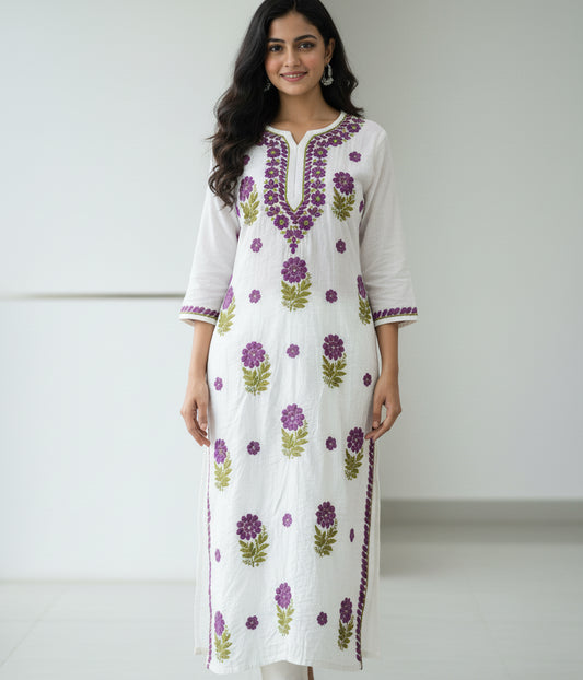MAYA Purple Pure Chanderi Chikankari kurti