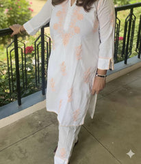 RUHANI Peach Pure Mul Cotton Chikankari Kurti and Pant Set