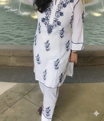 RUHANI Blue Pure Mul Cotton Chikankari Kurti and Pant Set