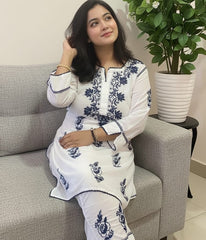 RUHANI Blue Pure Mul Cotton Chikankari Kurti and Pant Set