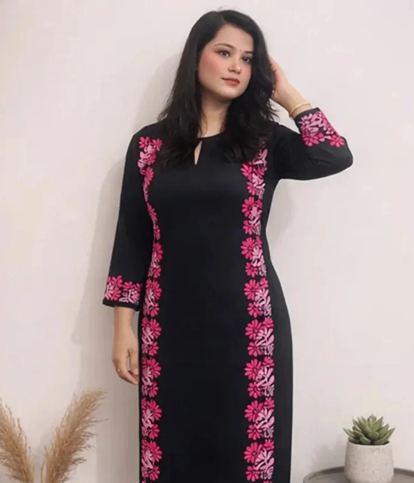 Sakshi Luxe Modal Chikankari Kurti with Pink Hand Embroidered Floral Work