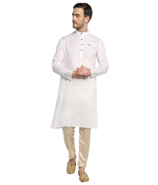 SHIV White Cotton Chikakanri Long Kurta