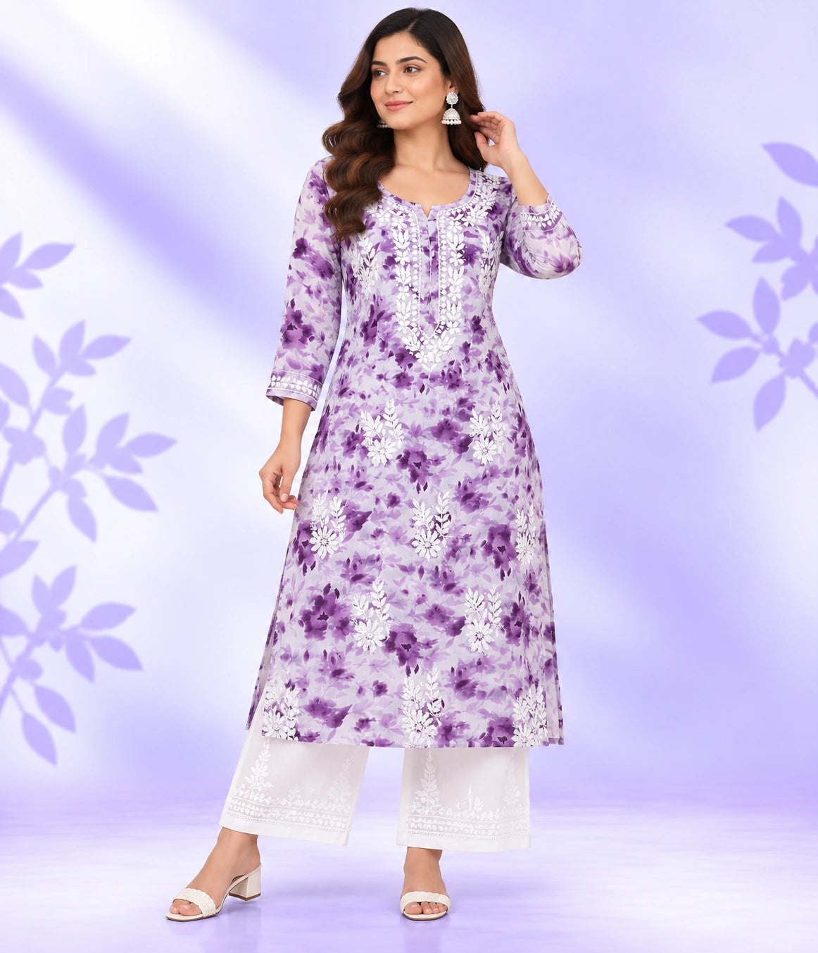 NISHU Premium Mulmul Printed Lucknowi Chikankari Kurta Pant Set for Women