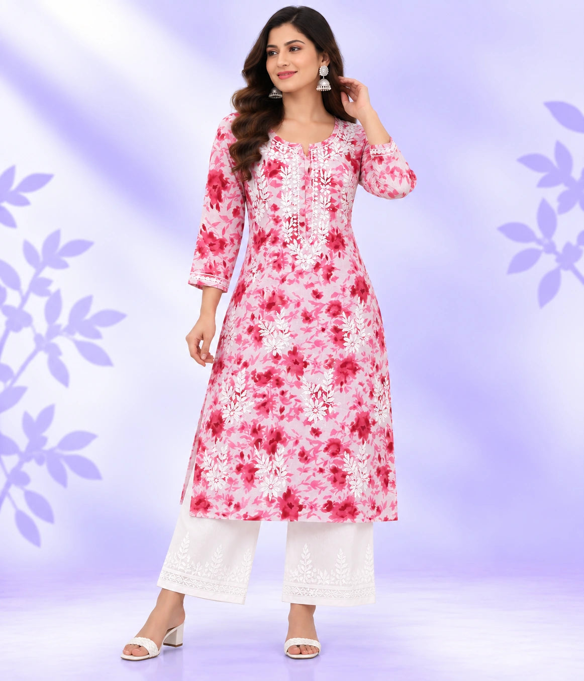 NISHU Premium Mulmul Printed Lucknowi Chikankari Kurta Pant Set for Women