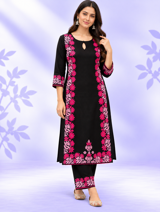 SIYA Black Modal Lucknowi Chikankari Kurti for Women with Pink Hand Embroidery