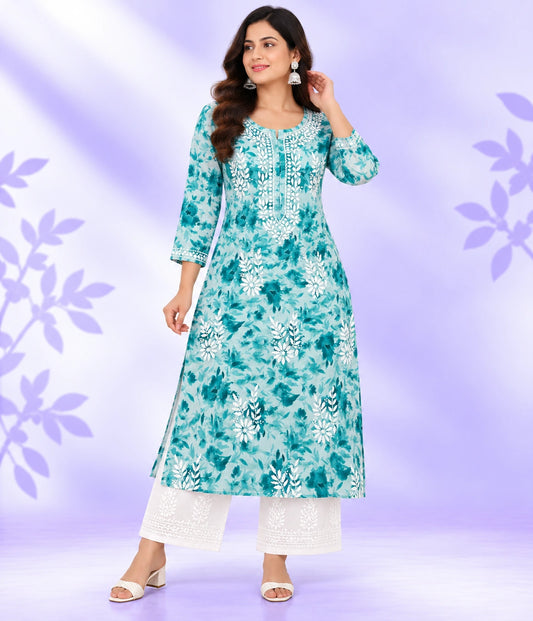 NISHU Premium Mulmul Printed Lucknowi Chikankari Kurta Pant Set for Women