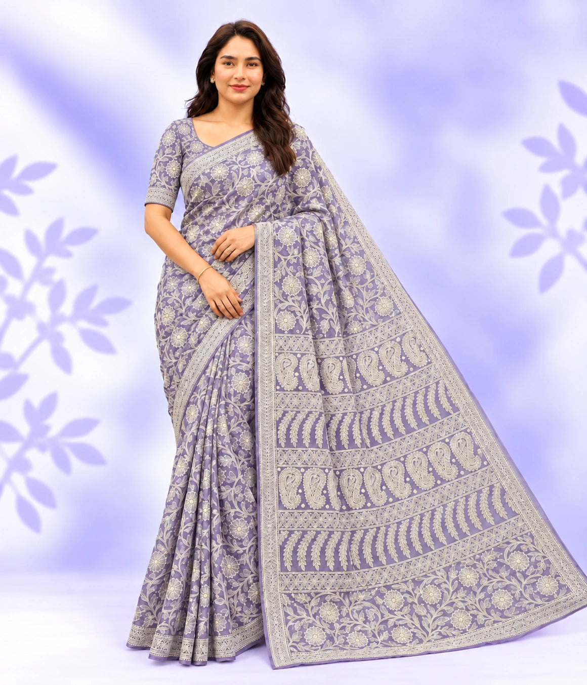 ZIA Purple Georgette Chikankari Saree With Blouse