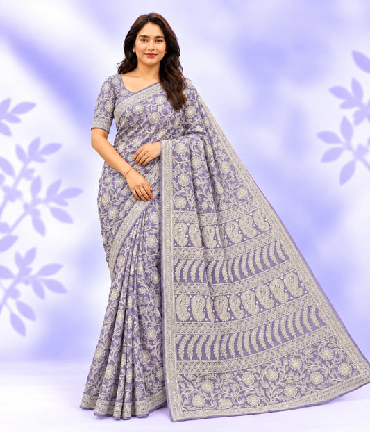 ZIA Purple Georgette Chikankari Saree With Blouse