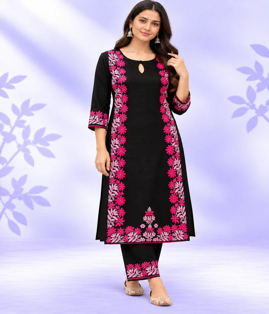 SIYA Black Modal Chikankari Kurti Palzzo Pink Hand Embroidery