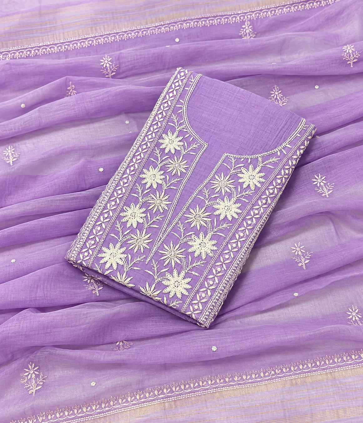 RIYA Pure Mulmul Chikankari Unstitched Kurta with Zari Dupatta & Pearl Work