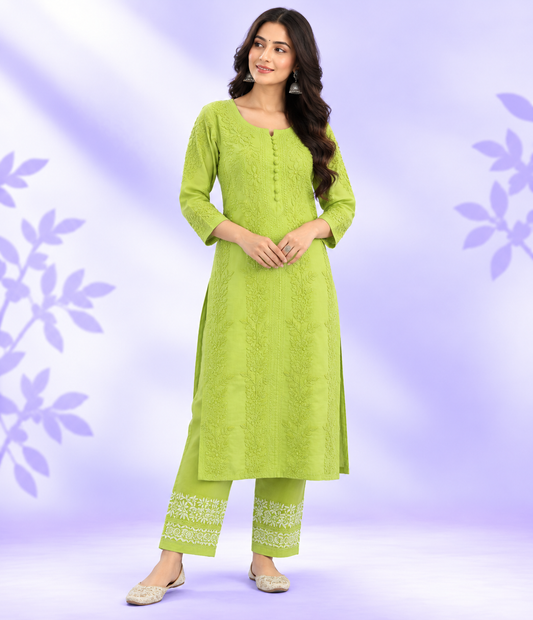 PARI Lemon Green Cotton Dobby Chikankari Kurta Pant Set