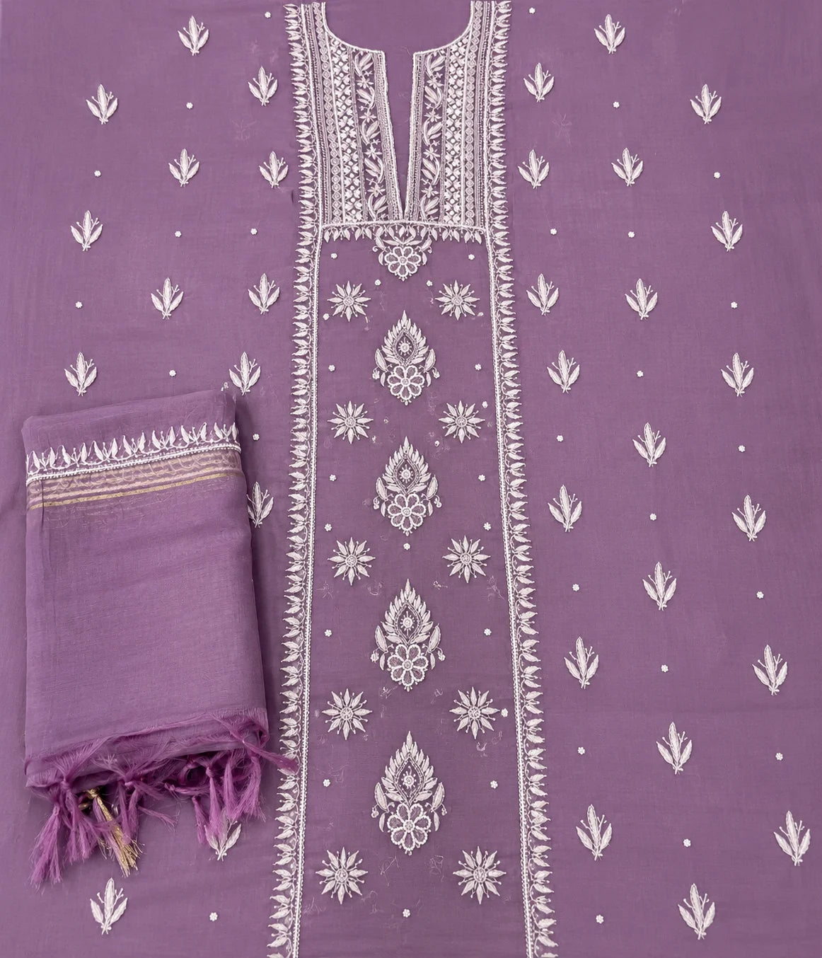 RIYA Pure Mulmul Chikankari Unstitched Kurta with Zari Dupatta & Pearl Work