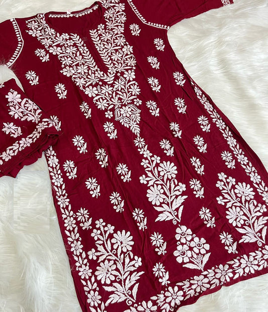 NATASHA Mehroon Pure Modal Chikankari Kurta Palazzo Set