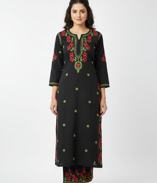 SHREYA Red Black Modal Kurti Palazzo Chikankari Set