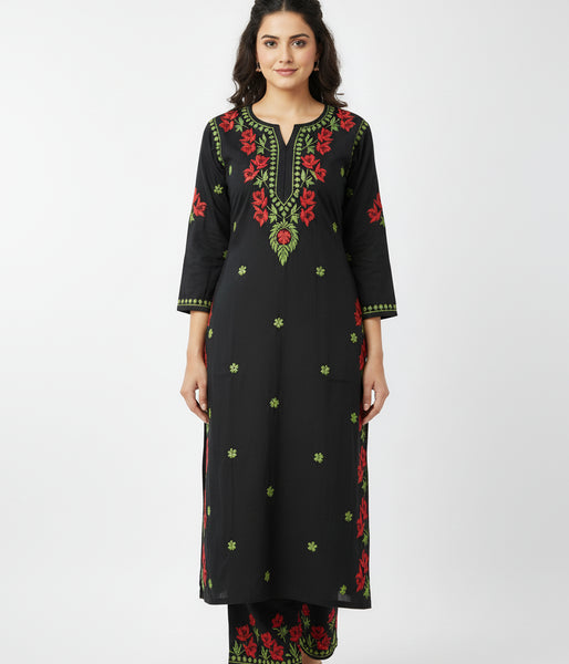 SHREYA Red Black Modal Kurti Palazzo Chikankari Set