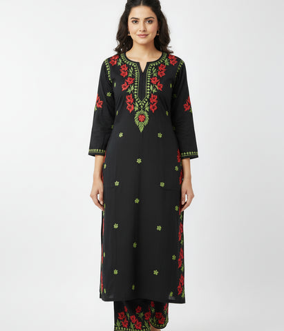 SHREYA Red Black Modal Kurti Palazzo Chikankari Set