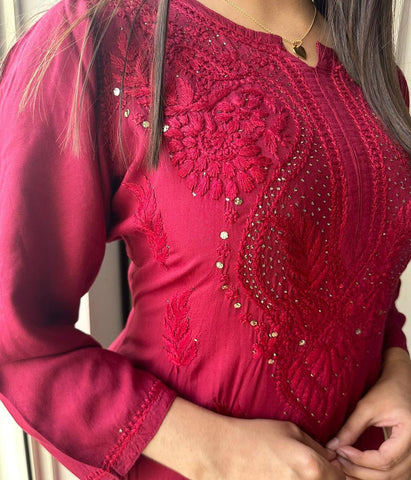 ANAMIKA Brown Modal Silk Mokaish Chikankari Kurta Palazzo Set