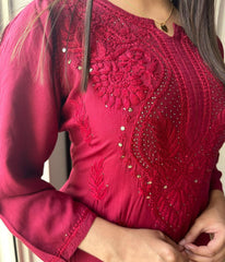 ANAMIKA Maroon Modal Silk Mokaish Chikankari Kurta  Palazzo Set