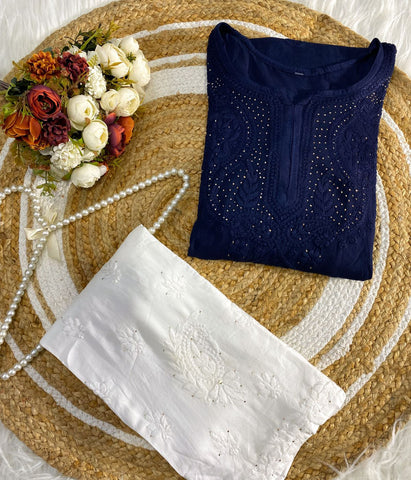 ANAMIKA Blue Modal Silk Mokaish Chikankari Kurta Palazzo Set