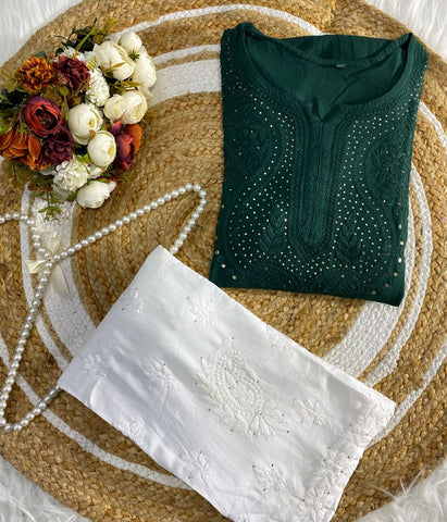 ANAMIKA Green Modal Silk Mokaish Chikankari Kurta Palazzo  Set