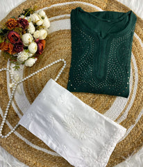 ANAMIKA Green Modal Silk Mokaish Chikankari Kurta Palazzo  Set