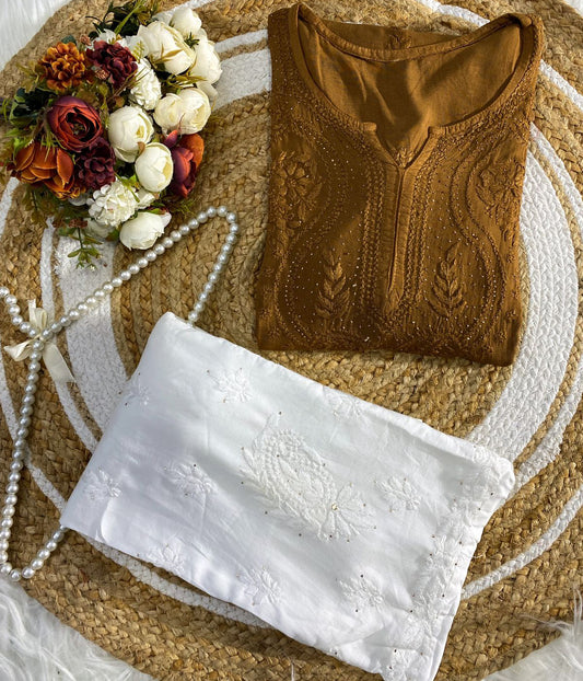 ANAMIKA Brown Modal Silk Mokaish Chikankari Kurta Palazzo Set