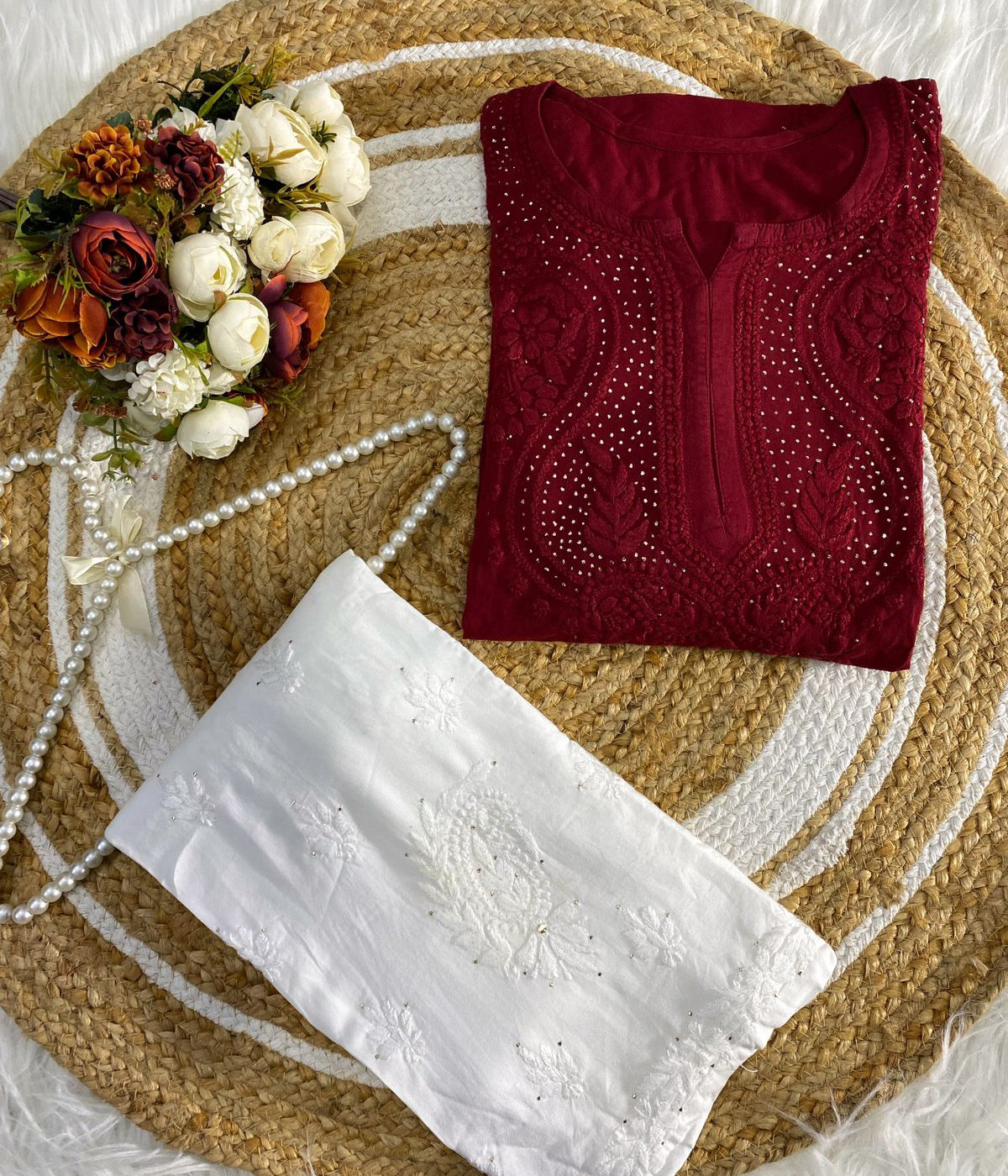 ANAMIKA Maroon Modal Silk Mokaish Chikankari Kurta Palazzo Set