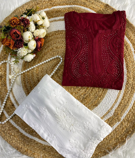 ANAMIKA Maroon Modal Silk Mokaish Chikankari Kurta Palazzo Set