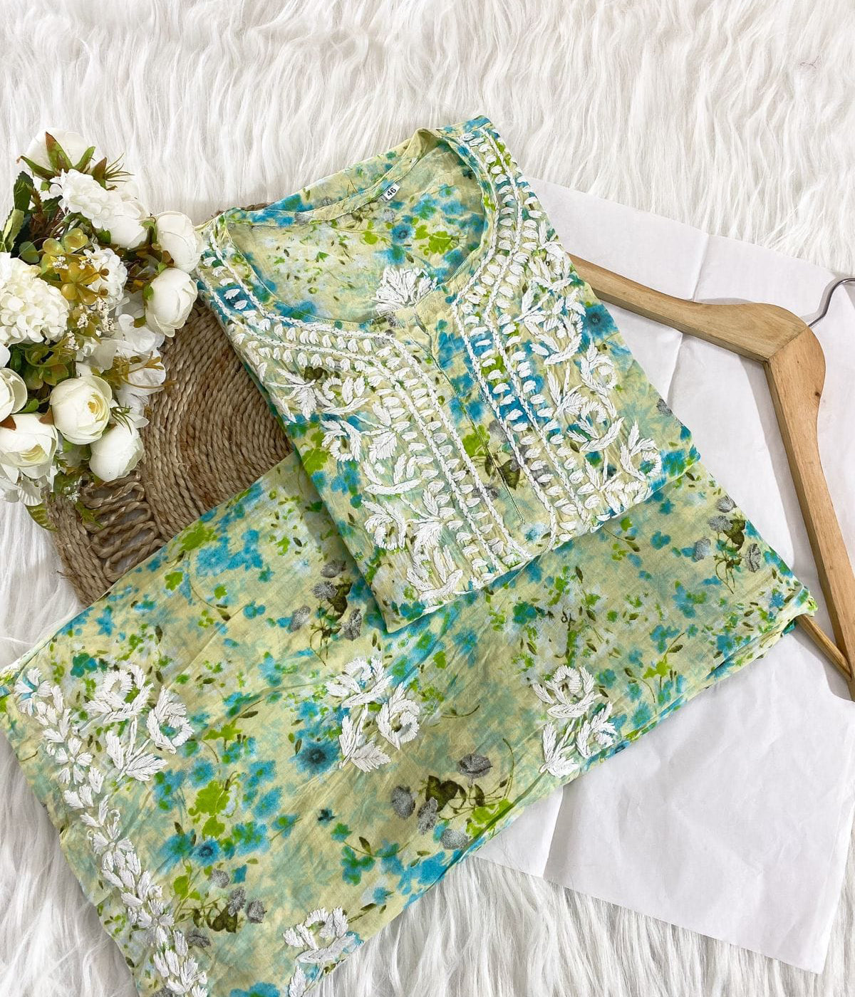 ISHANI  Mulmul Cotton Printed Green Chikankari Kurta Palazzo Set