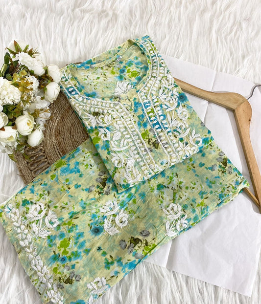 ISHANI  Mulmul Cotton Printed Green Chikankari Kurta Palazzo Set