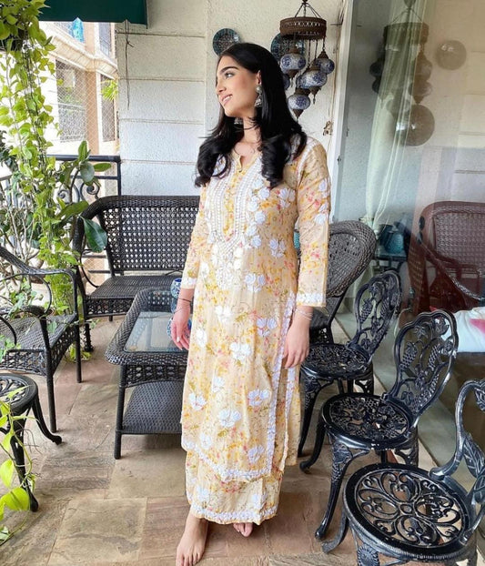 ISHANI  Mulmul Cotton Printed Yellow Chikankari Kurta Palazzo Set